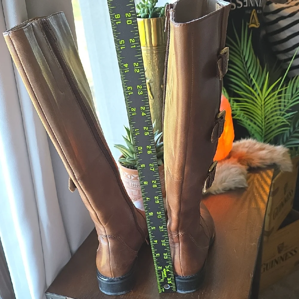 Ecco Brown Knee High Leather Moto Boots with Buckles 37